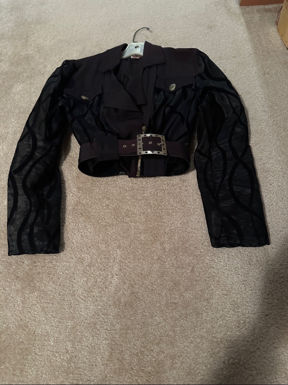 Addiction Black Cropped Sheer-Sleeve Blazer with Statement Belt